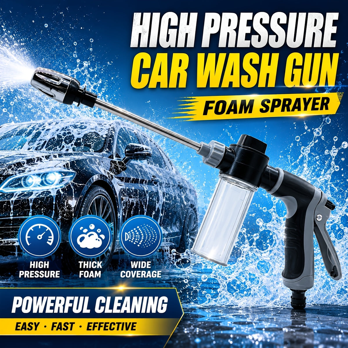 High Pressure Foam Spray Car Washing Water Gun With Foam Bottle Quick Adapter For 1/2, 3/4 Water Pipes (3/4 Hose Requires Removing Quick Connect Adapter,No Water Pipes)Multi Function Adjustable Thickened Rod Sprayer  For Car & Yard Cleaning