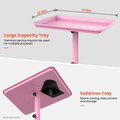 Rolling Salon Tray Cart on Wheels Adjustable Height 17.9x12.8 Inch Mobile Stylist Tray Table for Spa Tattoo Studio Blowdry Bar Aesthetic Clinic Bronze Pink