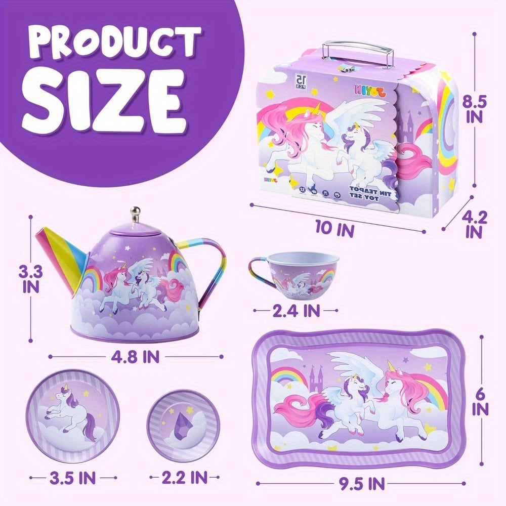Unicorn Tea Party Set for Girls – Purple Tin Teapot Cups & Plates Pretend Play Princess Kitchen Toy with Storage Case – Magical Unicorn Rainbow Castle Gift for Ages 3+ Birthday Easter Christmas