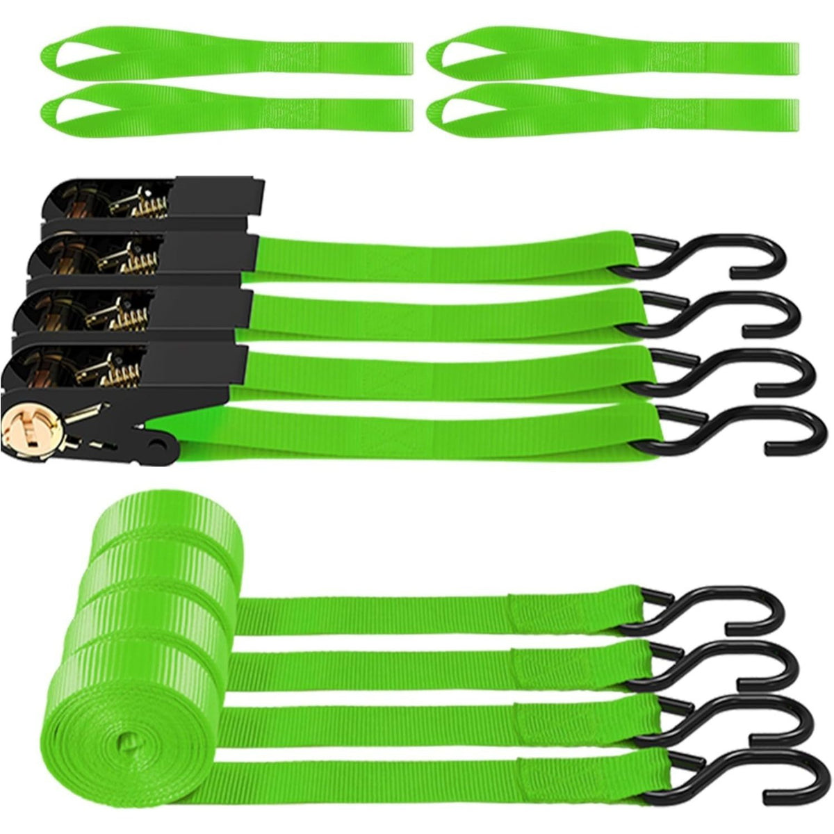 4-Pack Ratchet Tie Down Straps with 4 Soft Loops – 15FT, 1500 lbs Breaking Strength, Heavy Duty for Moving, Motorcycle, Lawn Gear, Multi-Color (Orange, Blue, Camo, Green, Red, Yellow)