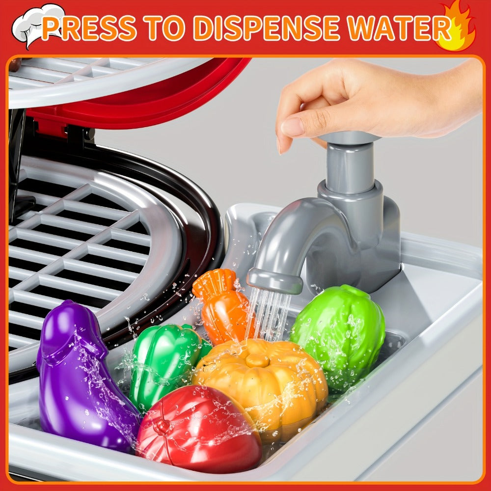 Kids BBQ Grill Playset Two-Tier with Toy Food Meats Fruits Spices & Working Water Tap – Pretend Play Outdoor Cooking Toy for Girls Boys Ages 3+ | Best Birthday Christmas Gift