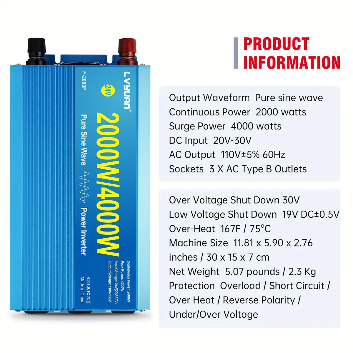 LVYUAN Car Power Inverter 2000W(Peak)1000W 12V to 110V DC to AC with 4 US Sockets, LCD Display, USB Ports for Car, Home, Outdoor, Camping Red