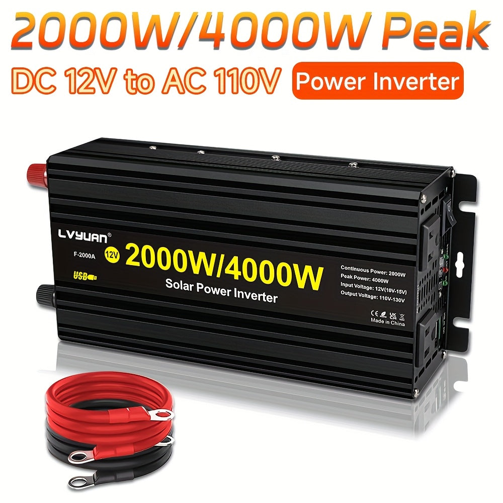 Lvyuan 2000W/4000W Peak/DC 12V to AC 110V/130V Car Power Inverter with LED, 2000W with 2 US Sockets 2 USB Ports for Auto, Vehicle, RV, Outdoor, Home