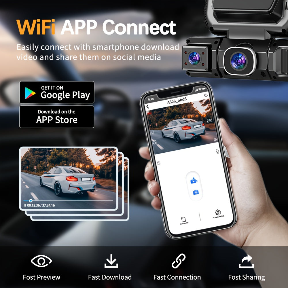 360° 3/4 Lens Dash Cam USA, 4 Channel Front/Rear/Left/Right Recording, Night Vision, 3.16" IPS Screen with Wifi, G-Sensor, Parking Mode, 32GB Card Optional/No Card