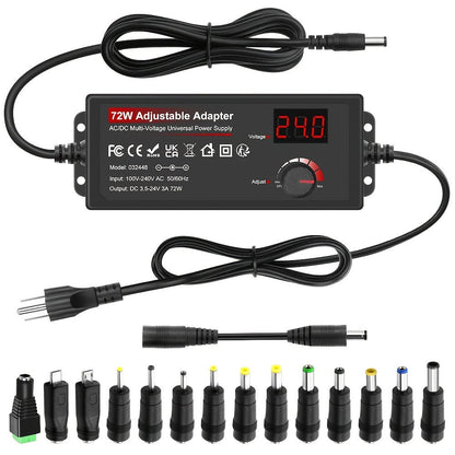 Adjustable AC to DC Power Adapter 72W - 3-24V Variable Power Supply with LCD Voltage Display, Knob Control, 15 Interchangeable Tips, Overvoltage & Short Circuit Protection, 100-240V Universal Input
