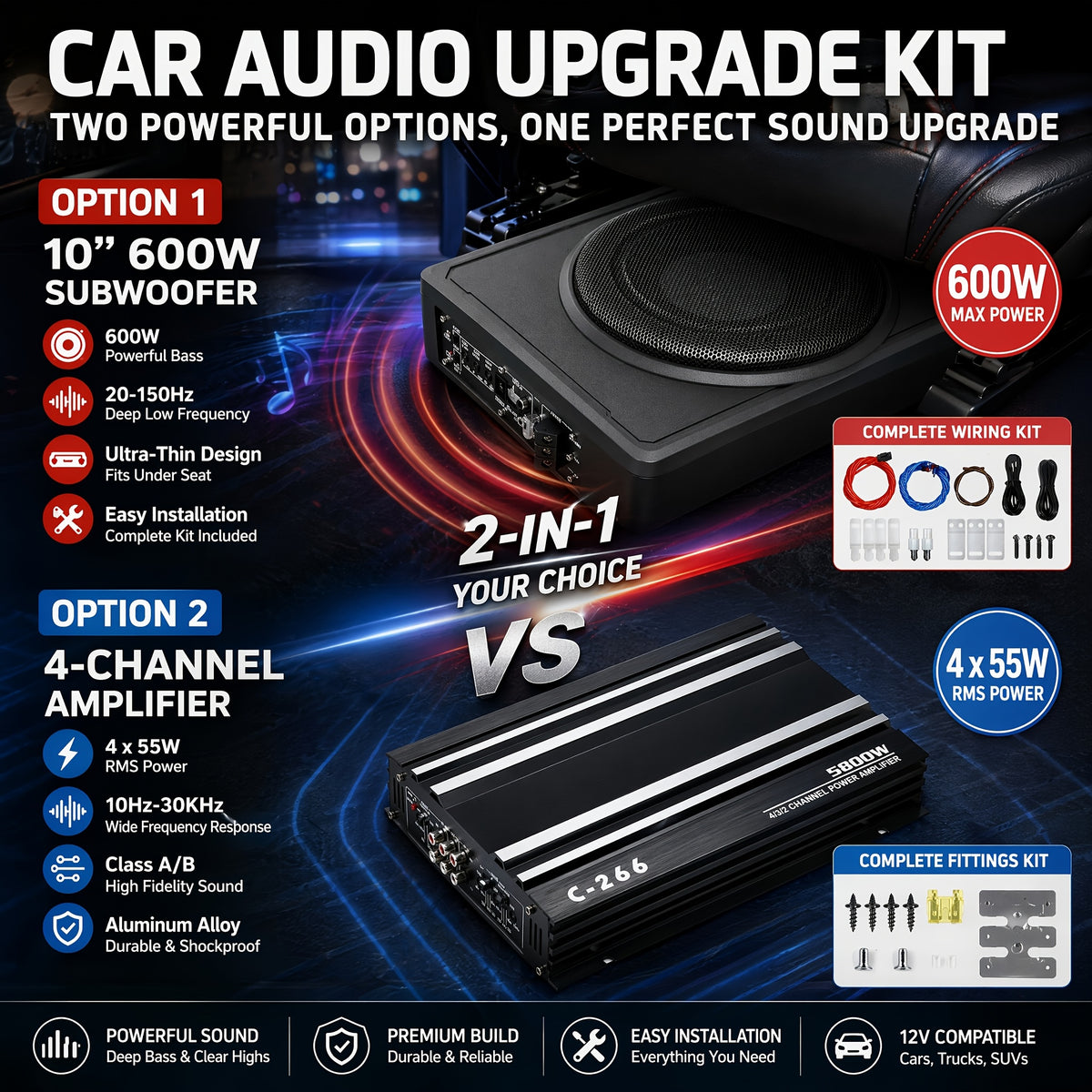 Option: 10-Inch 600W Car Subwoofer Or 4-Channel Car Amplifier. Car Audio Upgrade Kit 2-in-1 Choice, 10 Inch 600W Ultra-Thin Subwoofer Under-Seat Hidden Install, OR 4-Channel 4×55W Amplifier For Full-Range Sound Enhancement, Without Battery