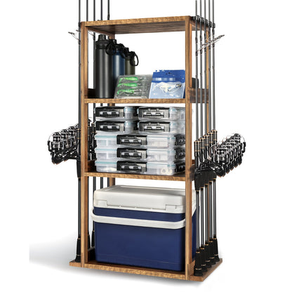 Wood Fishing Rod Holder for Garage Wall Mount – Holds Up to 10 Rods, Pole Rack with Tackle Storage Organizer, Fishing Gear Equipment Rack, Perfect Fishing Gifts for Men Dad