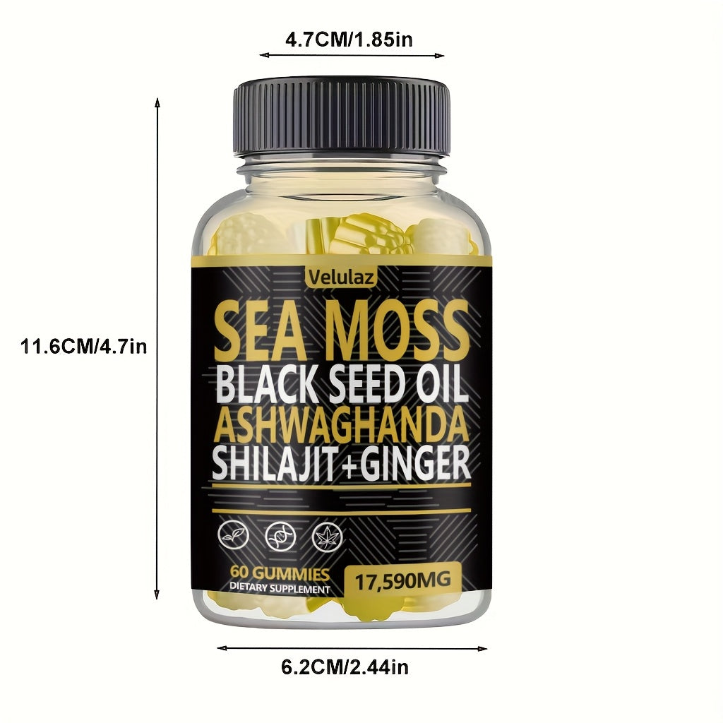 Sea Moss Gummies 10-in-1 Superfood Blend 60 Count 17590mg - Black Seed Oil Ashwagandha Shilajit Elderberry Turmeric Bladderwrack Ginger Chlorophyll Daily Immune Energy Wellness Supplement