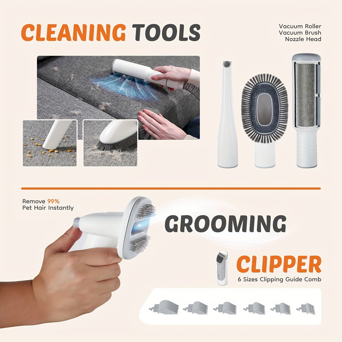 Pet Grooming Vacuum Cleaner with Cordless Clipper – 5-in-1 Grooming Kit for Dogs & Cats, 3 Suction Modes, Low-Noise, 5 Grooming Tools, Hair Clipper & Vacuum All-in-One
