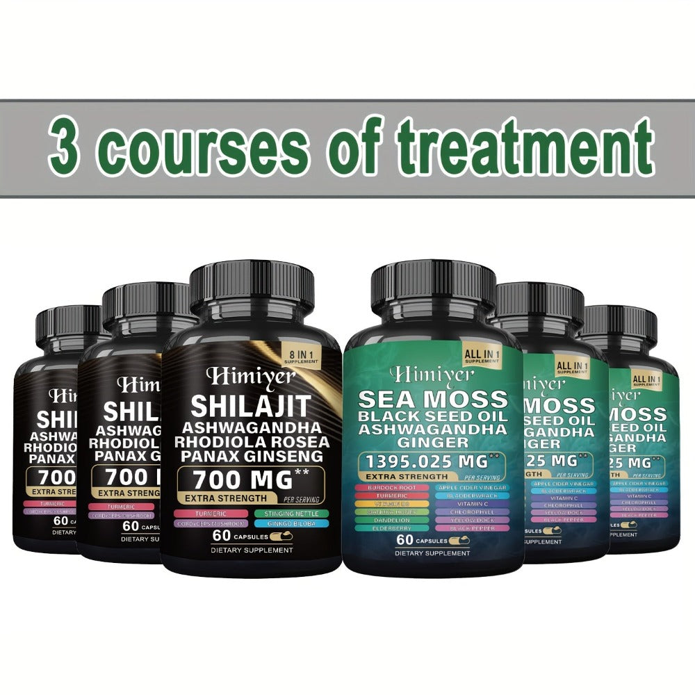 Sea Moss & Shilajit Bundle 6 Bottles – Sea Moss 350mg, Shilajit 300mg & Ashwagandha 200mg | 3-Month Herbal Supplement Kit for Energy, Vitality & Immune Support | All-in-One Wellness Value Pack