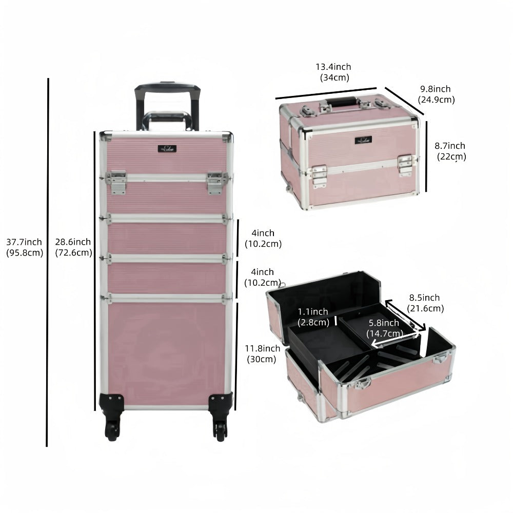 Makeup Train Case Rolling 4-in-1 Aluminum Lockable Trolley with 4 Removable Wheels Collapsible Trays DIY Compartments Telescopic Rod Cosmetic Organizer for Makeup Artists Salon Travel Black Pink Rhinestone