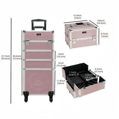Makeup Train Case Rolling 4-in-1 Aluminum Lockable Trolley with 4 Removable Wheels Collapsible Trays DIY Compartments Telescopic Rod Cosmetic Organizer for Makeup Artists Salon Travel Black Pink Rhinestone