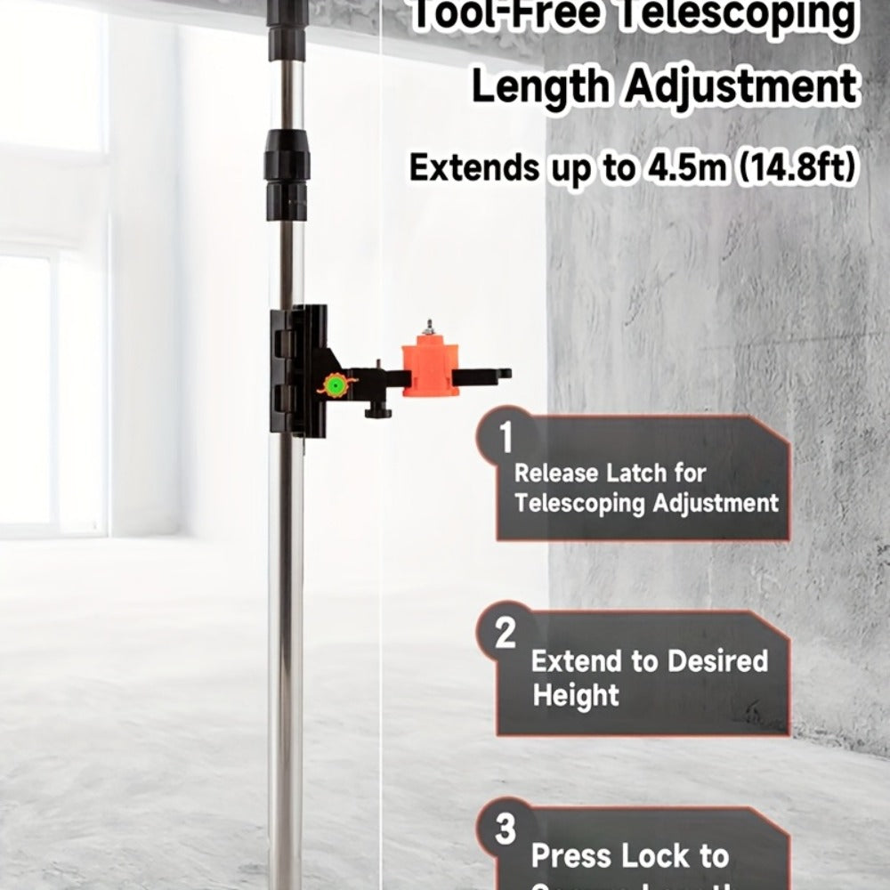 Telescoping Laser Level Pole 15.4ft / 4.7m – Adjustable Extension Rod with 1/4"-20 & 5/8"-11 Thread Mount for Rotary and Line Lasers, Professional Surveying & Construction Staff