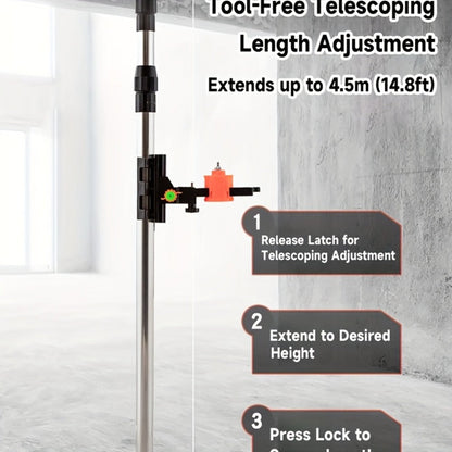 Telescoping Laser Level Pole 15.4ft / 4.7m – Adjustable Extension Rod with 1/4"-20 & 5/8"-11 Thread Mount for Rotary and Line Lasers, Professional Surveying & Construction Staff