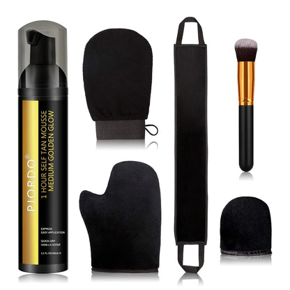 Sunless Tanning Mousse Kit 6-Piece Set with Mitt Applicator - Self Tanner Foam 1 Hour Fast Tan No Fake Smell Long Lasting Bronze Glow 3.38oz Gift Set
