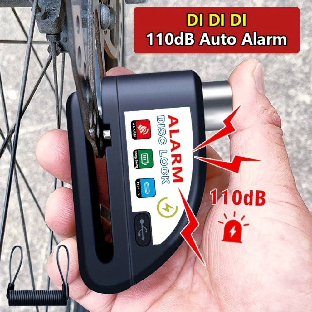 Motorcycle Disc Brake Lock with 120dB Alarm & USB Rechargeable 500mAh Battery, Anti-Theft Security Lock for Motorcycles Bicycles Dirt Bikes Scooters, Includes Charging Cable & Reminder Rope, Blue