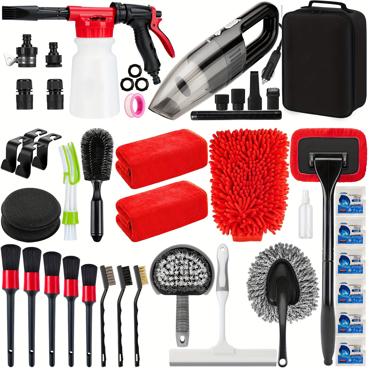 FCLUSLL 26/42pcs Car Washing Cleaning Kit, with Foam Spray Gun, Detail Brush, Portable Vacuum Cleaner, Windshield Cleaning Tools, Tire Brush, Towel, Car Interior And Exterior Details Set, Cleaning Set, Holiday Gifts for Family And Friends
