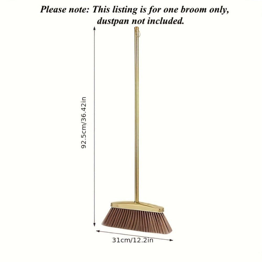 Broom and Dustpan Set Premium Golden Stainless Steel Extra Long Handle Microfiber Bristles V-Shape Leakproof Dustpan Heavy Duty Indoor Outdoor Sweeper for Kitchen Patio Hardwood Tile Floor