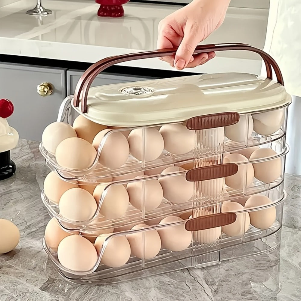 Egg Organizer for Refrigerator, Multi-Layer Auto-Rolling Egg Rack with Large Capacity – Space-Saving Egg Storage Dispenser for Fridge, Cabinet & Countertop, Ideal for Busy Families
