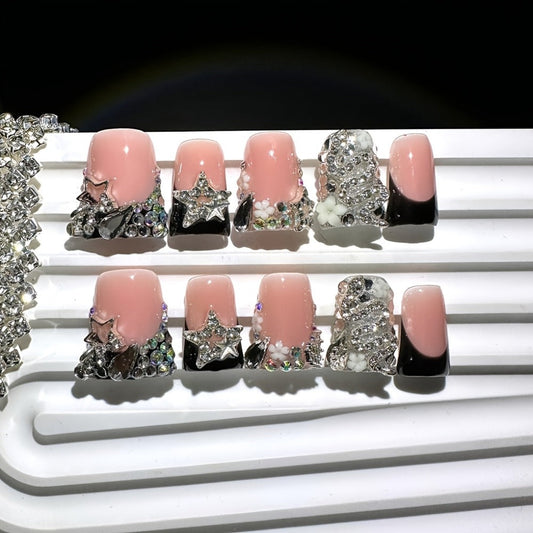 Short Press On Nails Black French Tip 10pcs Duckbill Silvery Snake Full Diamond Shiny Stars Handmade Reusable UV Protected Salon Quality for Wedding Party Birthday Gift False Nails S M L