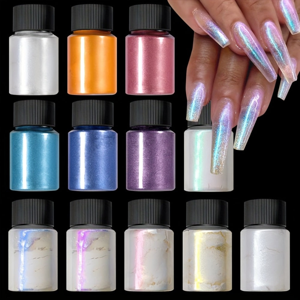 Aurora Nail Powder 12 Colors Chrome Pearl Glitter Neon Dust Holographic Iridescent Pigment Set for Chrome Nail Art Dipping Powder Decoration Nail Charms Gel Acrylic