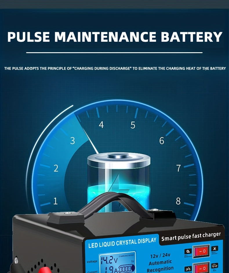 12V And 24V Intelligent Universal Battery Charger Inverter, with LCD Display Intelligent Maintenance Overcharge And Short Circuit Protection, Suitable for Intelligent Trickle Charging Maintenance of Various Cars, Yachts, And Batteries