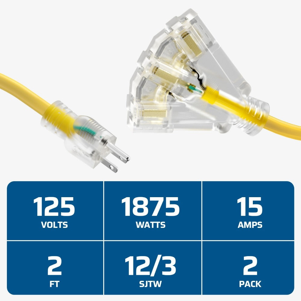 Heavy Duty Extension Cord Splitter Tri-Tap 2-Pack – 15A SJTW Contractor Grade, LED Lighted Plug, 2ft Yellow Jacket for Outdoor & Job Site Use