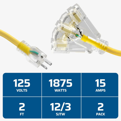 Heavy Duty Extension Cord Splitter Tri-Tap 2-Pack – 15A SJTW Contractor Grade, LED Lighted Plug, 2ft Yellow Jacket for Outdoor & Job Site Use
