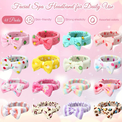 Spa Headbands for Women 48 Pack Fluffy Plush Bow Hair Band – Novel Pattern Mixed Color Bulk Set for Face Washing Makeup Shower Skincare Facial Cleansing Slumber Party Bachelorette Esthetician Supplies