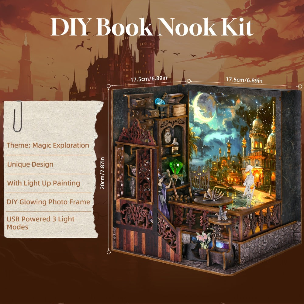 Halloween Book Nook Kit – Magic Mystery DIY Dollhouse Bookshelf Insert, 3D Wooden Witch Skeleton Miniature Scene, Whiteboard Shelf Decoration, Unique Gift for Book Lovers Adults Teens