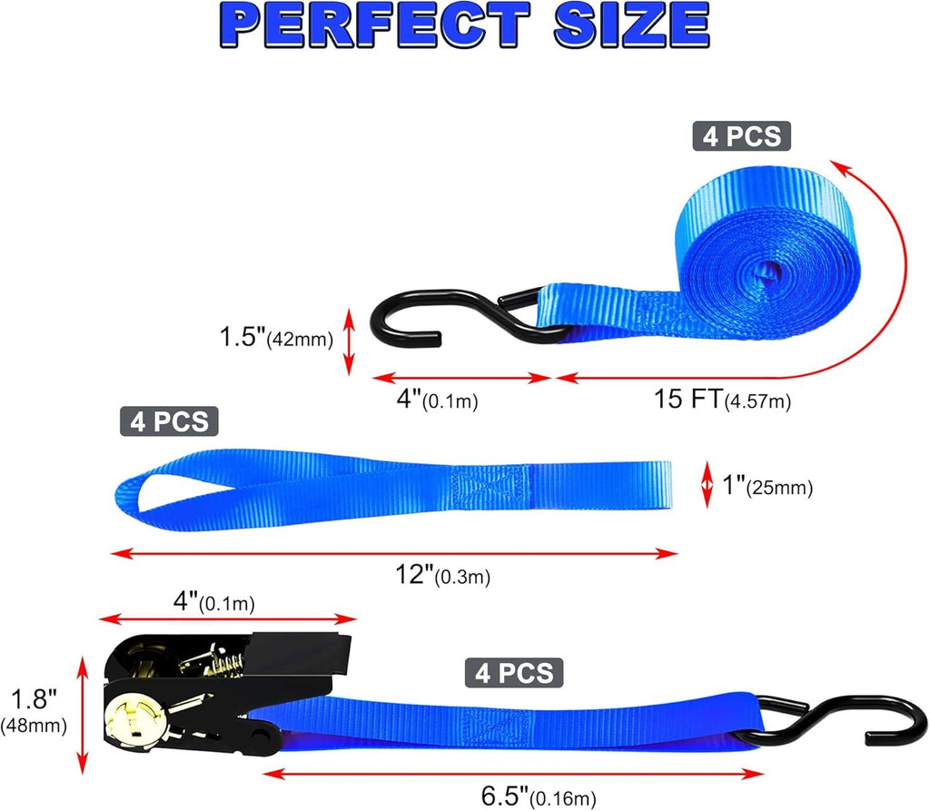 4-Pack Ratchet Tie Down Straps with 4 Soft Loops – 15FT, 1500 lbs Breaking Strength, Heavy Duty for Moving, Motorcycle, Lawn Gear, Multi-Color (Orange, Blue, Camo, Green, Red, Yellow)