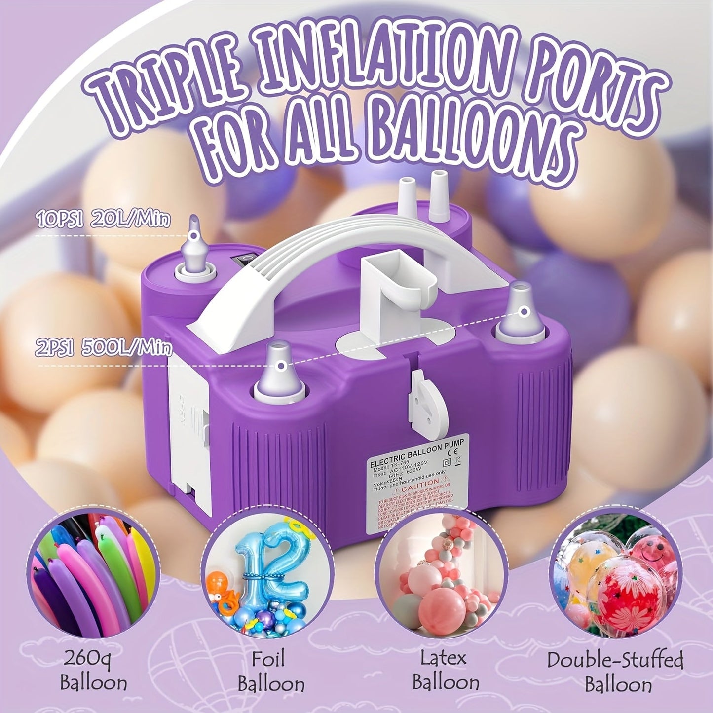 Electric Balloon Pump 4-in-1 with Triple Nozzles - Fast Inflator Deflator for All Balloons Latex Foil 260Q Mylar, Air Beds Pool Floats Yoga Balls Sports Balls, No Battery Required