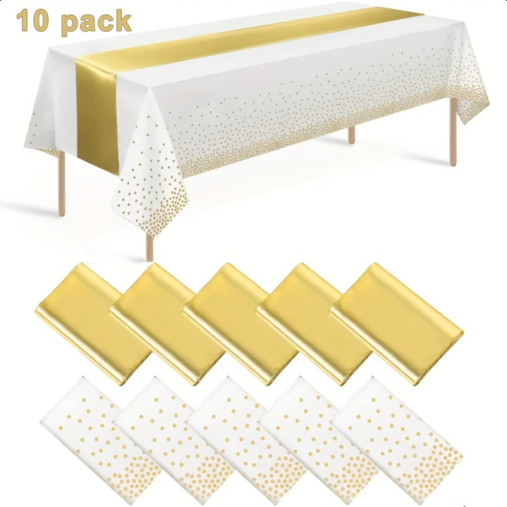Disposable Tablecloth & Table Runner Set 10 Pack White Gold – Plastic Party Table Covers for Wedding Birthday Graduation Anniversary Baby Shower Bridal Shower Elegant Bulk Party Decorations