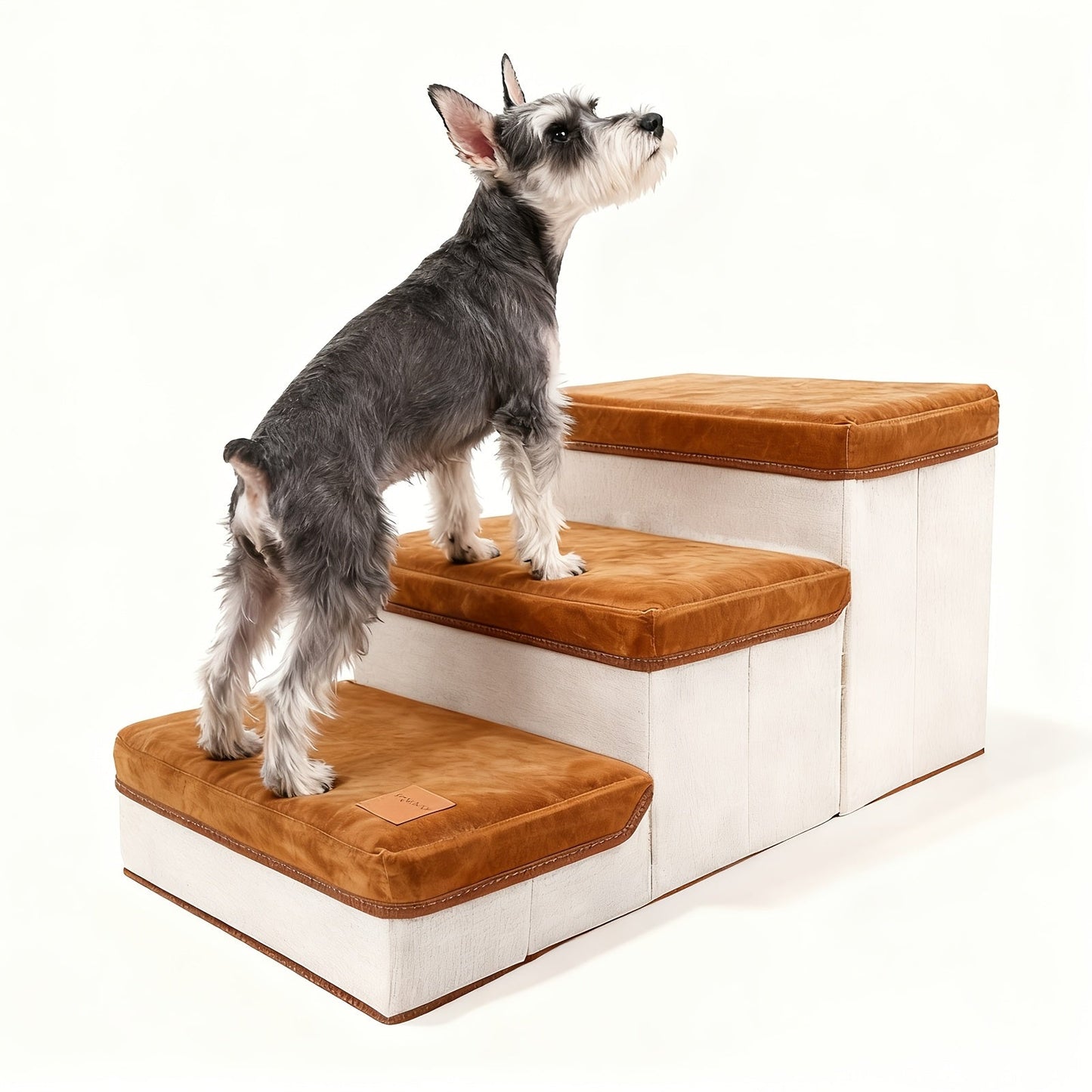Dog Stairs for High Beds 3-Tier Foldable Pet Steps with Non-Slip Surface & Plush Chicken Leg Toy | Nylon Dog Ramp for Small & Extra Small Breeds | Fits Sofas Couches Beds | Coffee & Gray