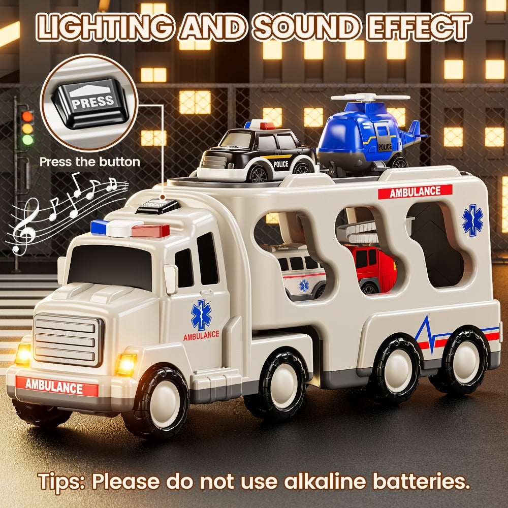 Ambulance Truck Toy Set for Boys – 5-in-1 Friction Power Carrier Truck with Lights & Sounds, Push & Go Emergency Vehicle Toys for Toddlers Kids Ages 3+, Birthday Christmas Gift for Boys