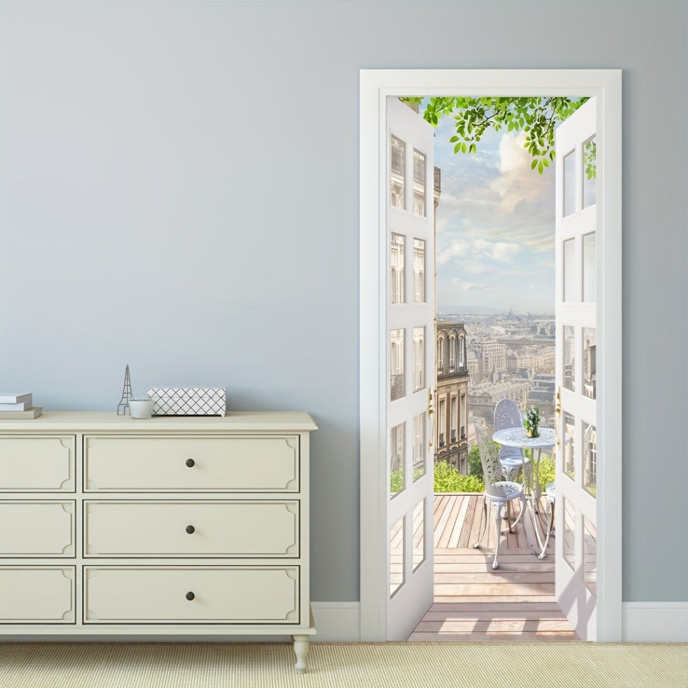 Door Sticker Balcony Scenery Wall Mural – Removable Waterproof Peel & Stick Large Wall Art for Bedroom & Living Room, Faux Window View Home Decor, 35.43 x 78.74 Inches