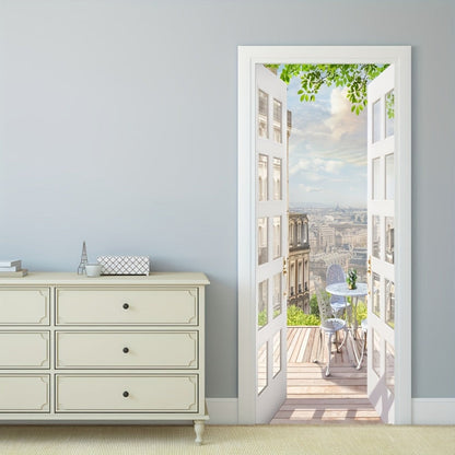 Door Sticker Balcony Scenery Wall Mural – Removable Waterproof Peel & Stick Large Wall Art for Bedroom & Living Room, Faux Window View Home Decor, 35.43 x 78.74 Inches