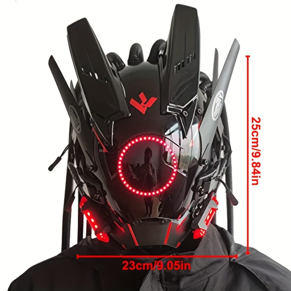 LED Cyberpunk Samurai Mask with Braids – Futuristic Sci-Fi Mechanical Face Mask for Halloween, Cosplay, Music Festival & Rave Party, Blue Green Pink, Free Helmet Included, Adult Gift