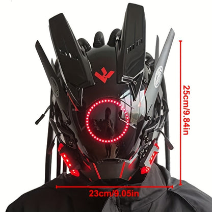 LED Cyberpunk Samurai Mask with Braids – Futuristic Sci-Fi Mechanical Face Mask for Halloween, Cosplay, Music Festival & Rave Party, Blue Green Pink, Free Helmet Included, Adult Gift