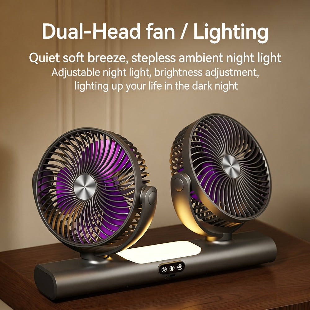 Double Head Air Circulation Fan USB Rechargeable | Desktop & Wall-Mounted 3-Speed Dual-Head Fan with Atmosphere Night Light, Multi-Angle Airflow for Camping, Home & Office – Grey & White