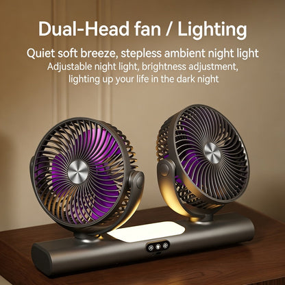 Double Head Air Circulation Fan USB Rechargeable | Desktop & Wall-Mounted 3-Speed Dual-Head Fan with Atmosphere Night Light, Multi-Angle Airflow for Camping, Home & Office – Grey & White