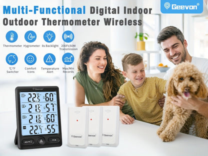Indoor Outdoor Thermometer Wireless with 3 Remote Sensors - Digital Hygrometer Temperature Humidity Monitor, 200FT Range, Large Display, Backlight, Low Battery Alarm, High Accuracy, Black or White