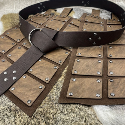 Viking Skirt Armor with Belt for Men & Women – Embossed PU Faux Leather Waist Armor, Nordic Medieval Warrior Costume for Halloween LARP Cosplay Renaissance Fair, Dark Brown & Black