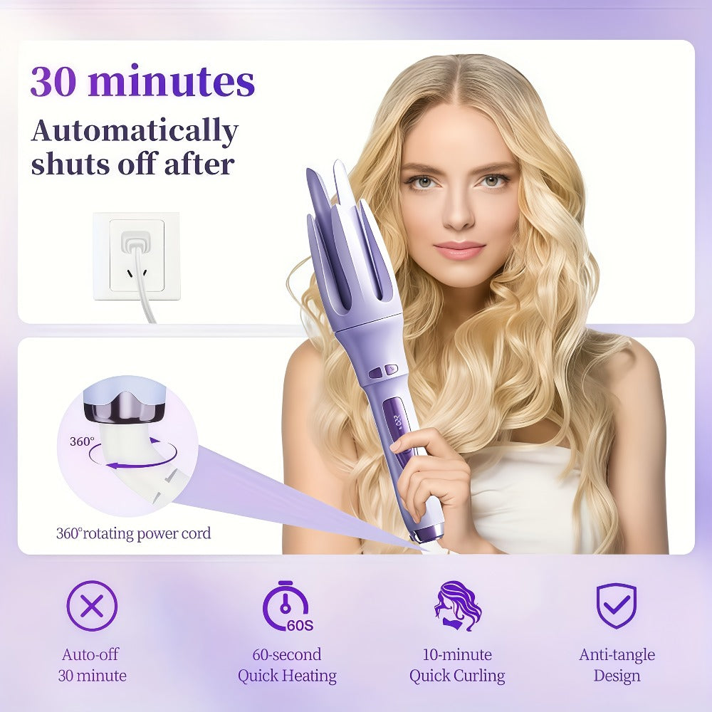 Automatic Rotating Curling Iron 4 Temperature Settings 40M Negative Ion Ceramic Barrel Anti-Tangle Auto Shut-Off Dual Voltage 110-240V Fast Heat 30s Beginner-Friendly Frizz-Free Curls All Hair Types Women