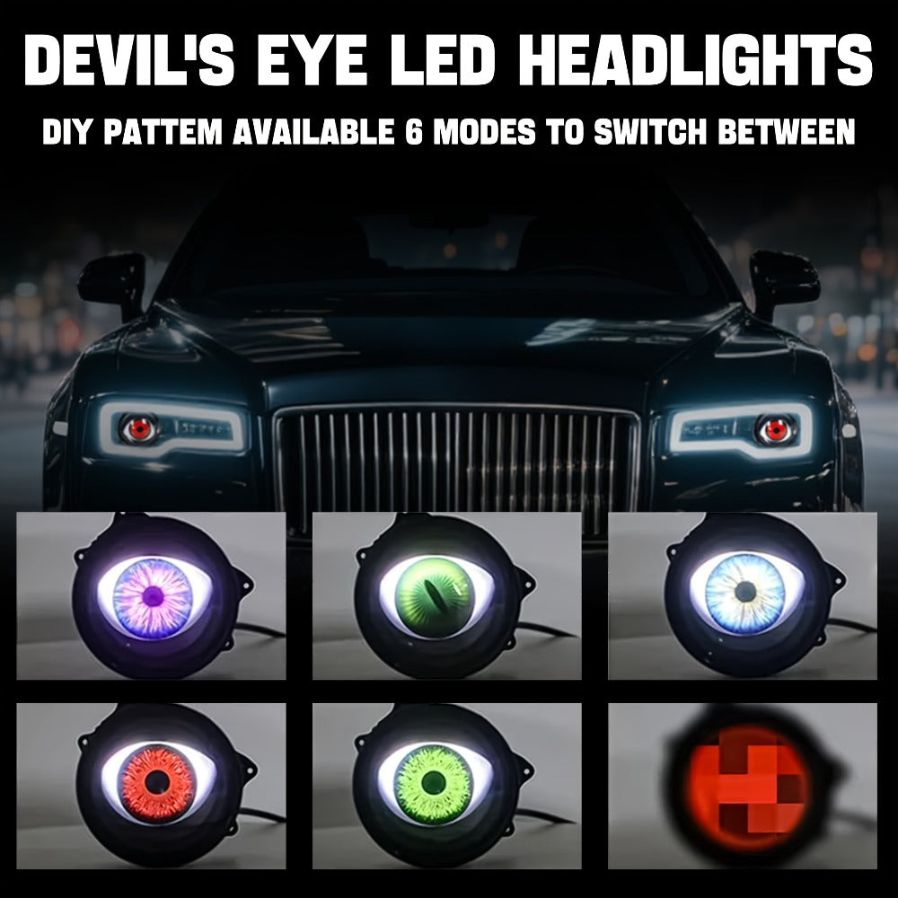 LED Demon Eye Lights 6-Mode Adjustable Dynamic Devil Eyes with Lens 12V Off-Road Atmosphere Lighting Kit Car Mod Automotive Decoration Headlight Projector Accent Light