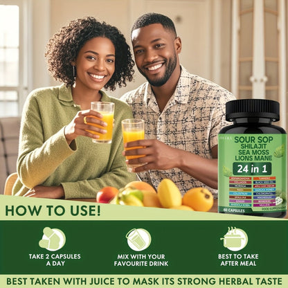Soursop Capsules 24-in-1 with Sea Moss, Shilajit, Lion's Mane, Black Seed Oil, Chlorophyll & Turmeric – Immune & Liver Health Daily Wellness Supplement for Women & Men