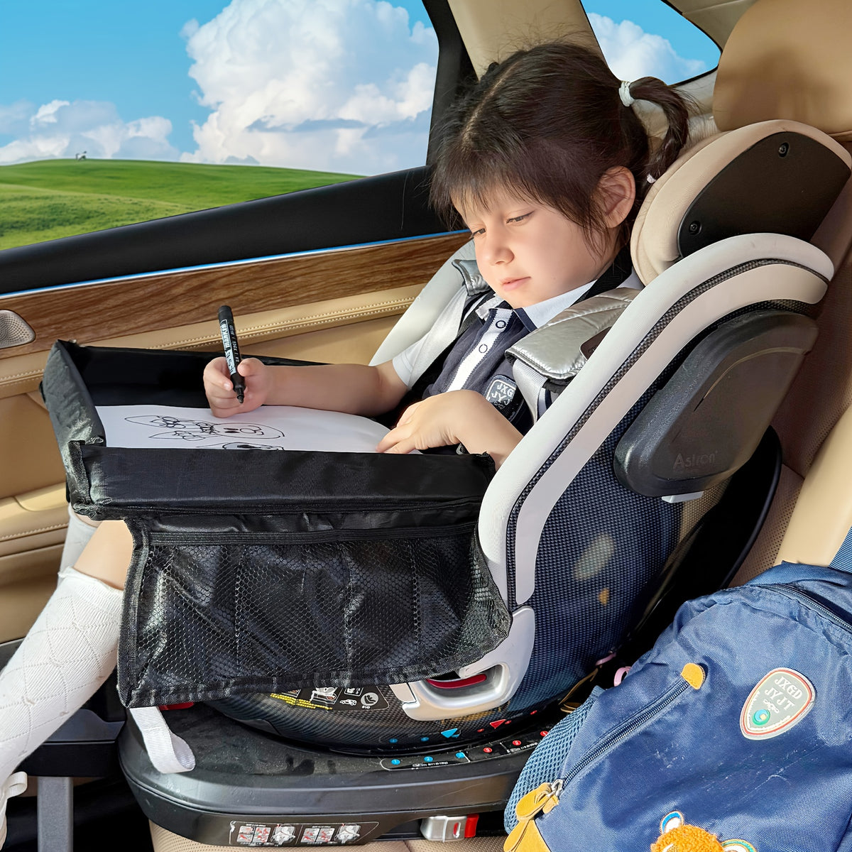 1pc Foldable And Expandable Polyester Youngsters Car Seat Travel Tray with Multiple Storage Pockets - Lightweight, Wall-Mountable Design for Airplane, Car And Home Use, Car Storage Tray | Versatile Travel Accessory | Sturdy Constructio