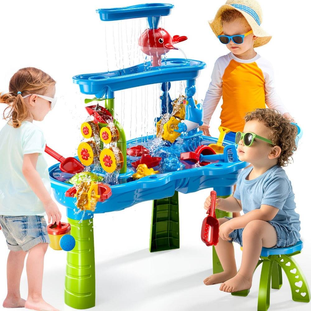 Sand and Water Table for Toddlers 3-Tier – Outdoor Sensory Play Set with Shovel Scoop & Strainer, BPA-Free Backyard Beach Summer Activity Toy for Boys & Girls Ages 2 3 4 5 6 (Blue)