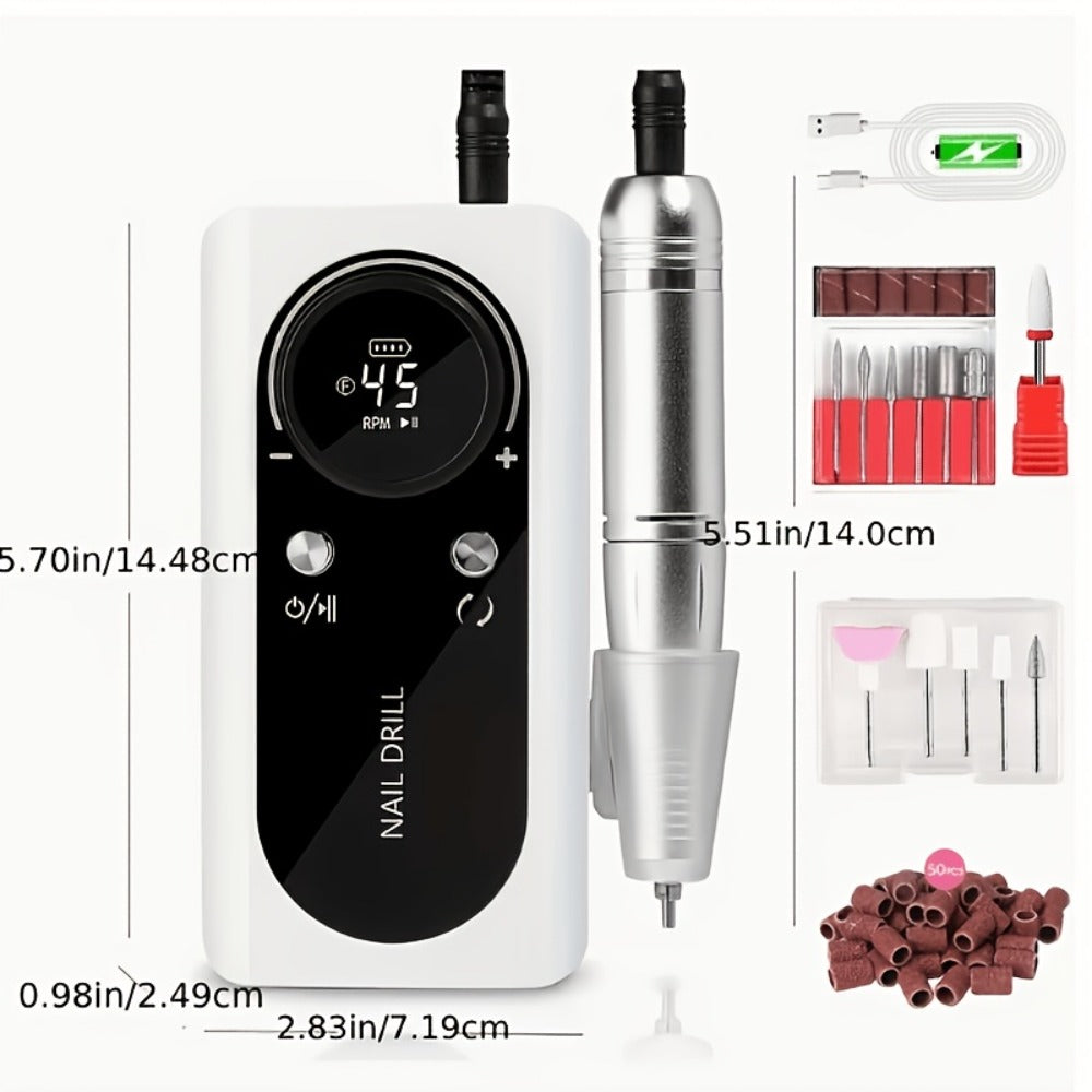 Nail Drill 45000 RPM LCD Display Adjustable Speed Cordless Electric Nail File Low Noise Manicure Machine Buffing Polishing Tool Set for Salon Home Women Nail Techs Pink White Purple