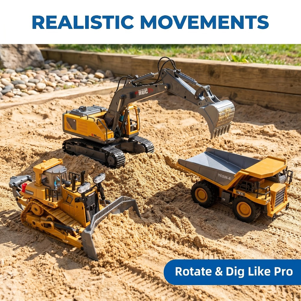 RC Construction Vehicle Set 2.4G 11-Channel Remote Control Excavator Dump Truck Bulldozer | 1:24 & 1:64 Alloy Engineering Toy | 2-in-1, 3-in-1, 4-in-1 Kit for Kids Adults